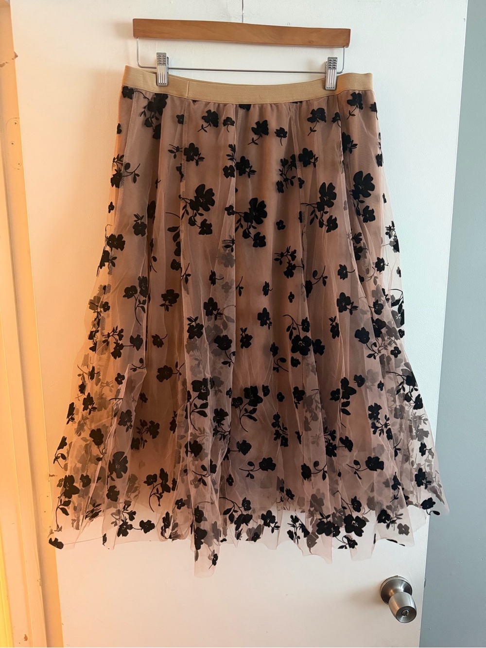 Beige Tulle Midi Skirt with Black Floral Embroidery